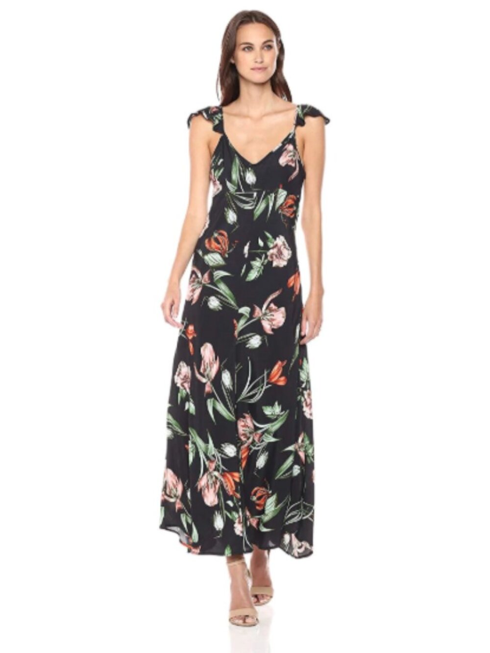 ASTR the label blue floral flutter sleeve v-neck maxi dress size L